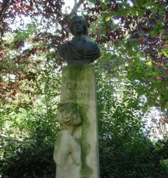 Frédéric Chopin bust on a weathered stone pillar surrounded by green foliage.