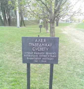 The Pit monument sign with Cyrillic text standing in a grassy area near trees.