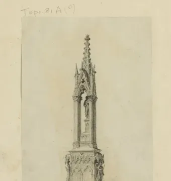 Monochrome ink sketch of the Fontaine de la Vierge, a Gothic monument with a tall ornate structure and small figures at the base.