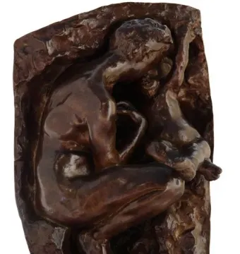Young Mother in the Grotto by Auguste Rodin, a bronze sculpture of a crouching nude woman with a small child beside her.