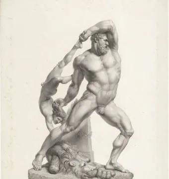 Engraving of Hercules and Lychas showing a muscular Hercules lifting a smaller figure by the limb above a rocky base.
