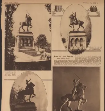 Newspaper page showing four prize-winning photographs of the Joan of Arc equestrian statue.