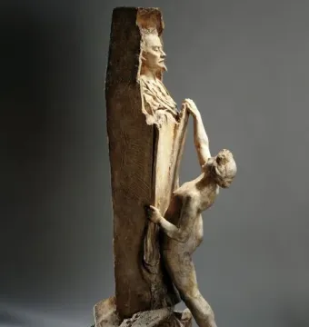 La Gloire shows a nude female figure pulling open a broken structure to reveal a bearded man inside, with fragments scattered below.