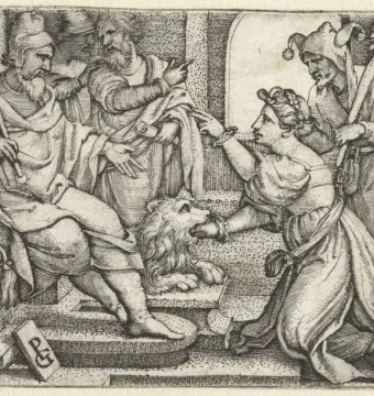 Engraving of a woman kneeling before a seated ruler and placing her hand in a lion\'s mouth, with a jester and another man watching.