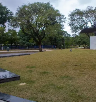 Ayrton Senna Monument with a dark abstract sculpture on a white base in a grassy park, with a smaller white monument in the foreground.