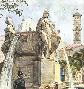 Nornenbrunnen fountain with draped female statues and a church tower in the background.