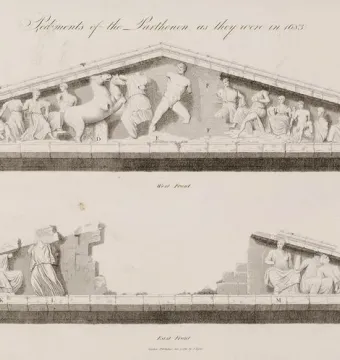 Line drawings of the Parthenon pediments, showing one largely intact pediment and one heavily damaged pediment with fragmented figures.