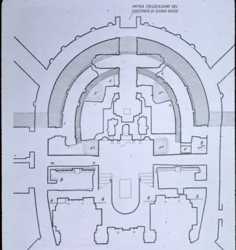 Architectural floor plan showing the location of the Sarcophagus of Junius Bassus within an ancient structure.