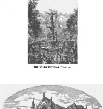 Tyler Davidson Fountain shown as a multi-tiered monument with sculptural figures, water jets, and a crowd gathered around it.