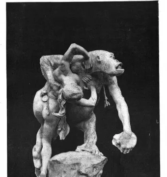 Fremiet\'s Gorilla Carries a Woman sculpture, showing a gorilla carrying a partially draped woman across its back.