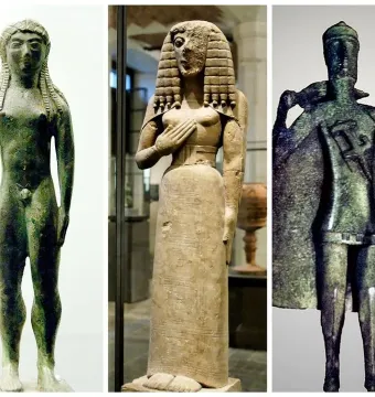Collage showing three ancient statuettes, including bronze figures at the sides and a robed stone woman in the center.
