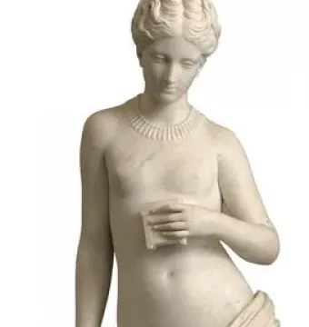 Pandora marble statue of a partially draped female figure holding a small box