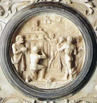 Circular relief sculpture from the Martinengo Mausoleum showing several figures around a classical columned structure, with one figure kneeling in front.