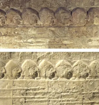 Two fragments of the Stele of the Vultures showing rows of carved heads in profile and faint cuneiform above.