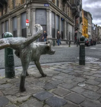 Het Zinneke bronze dog sculpture lifting its leg beside a street bollard in Brussels.