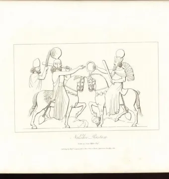 Black-and-white line drawing of the Ardashir Investiture Relief showing two crowned horsemen facing each other and exchanging rings, with fallen figures beneath their horses and a smaller figure behind the left rider.