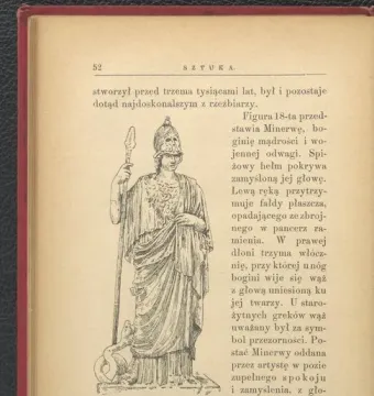 Athena Giustiniani shown as a robed female statue wearing a helmet and holding a tall spear, with a serpent at her feet.