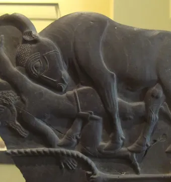 Bull Palette carved relief showing a large bull over human figures with a woven border at the bottom.