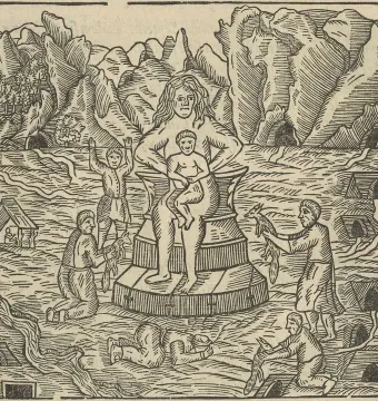 Woodcut of the Golden Woman standing on a pedestal with a child on her hip, surrounded by smaller figures in a mountainous landscape.