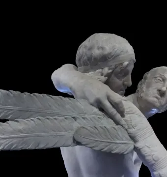 Canova\'s Daedalus and Icarus sculpture in white marble, showing a younger winged figure beside an older bearded man.