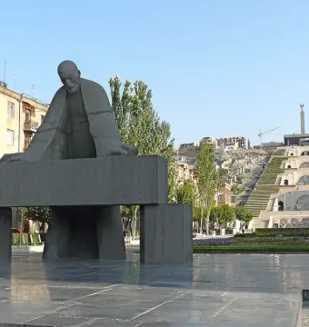 Monument to Alexander Tamanyan in front of the cascading stairway in Yerevan.