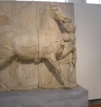 Attic funerary relief showing a horse facing right with a groom beside its neck.