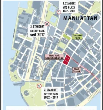 Map of lower Manhattan showing three numbered locations and landmarks including Wall Street, the New York Stock Exchange, and Zuccotti Park.