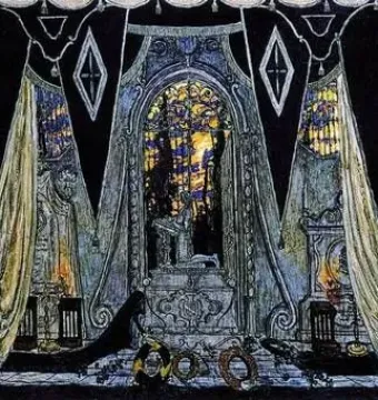 Gothic stage design for The Stone Guest with draped curtains, a glowing stained-glass archway, and ceremonial objects in the foreground.