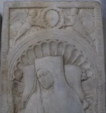 Tomb of Giovanni Crivelli marble relief with a robed bust, winged figures, and Latin inscription