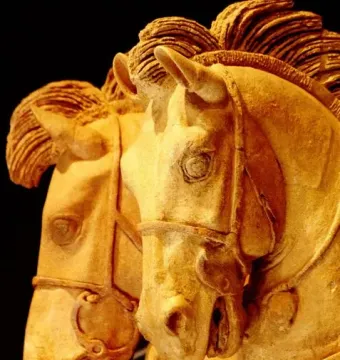 Two sculpted horse heads from the Winged Horses of Tarquinia, with detailed manes and bridles.