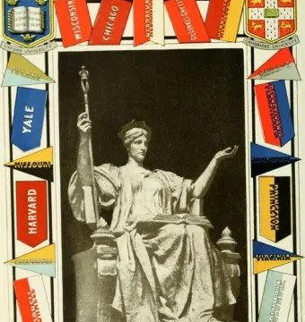 Alma Mater, a seated draped female statue, holds a scepter aloft and extends one hand, surrounded by university pennants and crests.