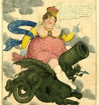 Crowned woman straddling a large green cannon mounted on a winged dragon, with speech bubble above the clouds.