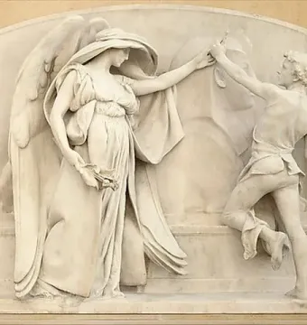 Death and the Sculptor marble relief showing a winged female figure restraining a sculptor beside a bust.
