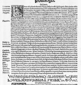Printed page from an old book with the title Philologia, decorative initial letters, and dense black text on white paper.