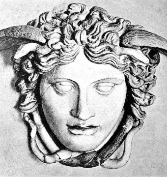 Medusa Rondanini sculpted head with closed eyes and snake-like hair with winged forms at the temples.