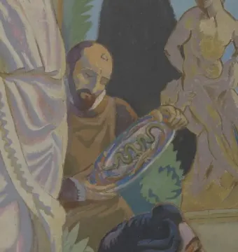A light-colored classical statue of Milo of Croton appears in the upper right background of the painting.