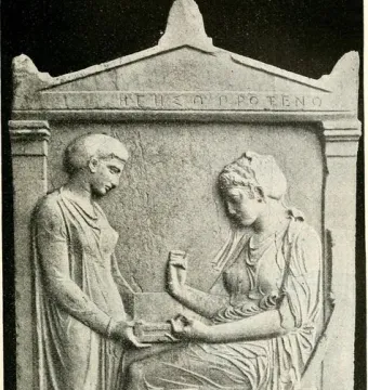 Grave Stele of Hegeso showing two draped women in relief, one standing and one seated with an open box.