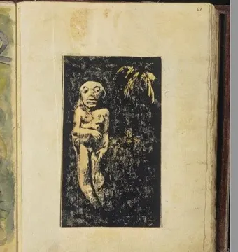 Oviri print showing a pale stylized figure with wide eyes and an open mouth against a dark, leafy background.