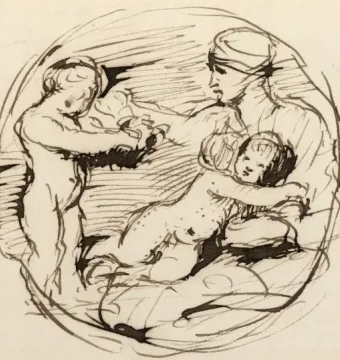 Ink sketch of the Taddei Tondo showing a woman with two young children in a circular composition.