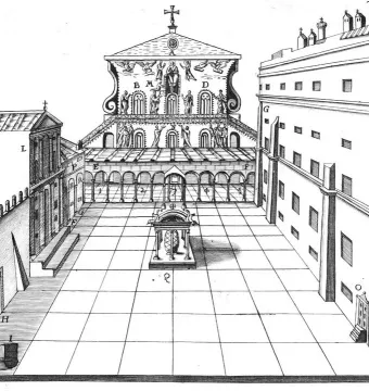 La Pigna fountain in a courtyard before the facade of old Saint Peter\'s Basilica.