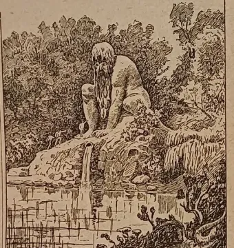The Apennine Colossus depicted as a massive bearded figure squatting on a rocky outcrop beside cascading water and trees.