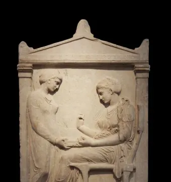 Grave Stele of Hegeso showing two women, one seated and one standing with a box or tray.