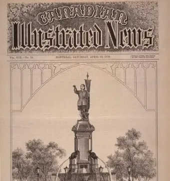 Illustration of the Maisonneuve Monument with a statue holding a banner atop a tiered fountain surrounded by onlookers and trees.