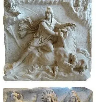 Double-sided Mithras of Fiano Romano altarpiece with a bull-slaying scene above and a banquet scene below.
