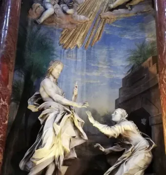 Noli Me Tangere marble sculptural group with a standing man and kneeling woman beneath cherubs and golden rays