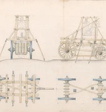 Technical drawings showing a wheeled wooden transport structure with faint outlines of Louis XIV Equestrian Statue in two diagrams.