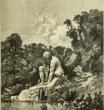 The Apennine Colossus crouches on a rocky outcrop beside a pond, with water flowing from beneath its hand and tiny figures at its base.