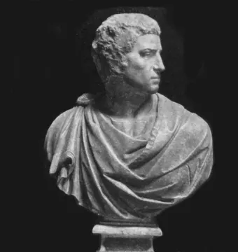 Michelangelo\'s Brutus in marble, shown as a bust with the head turned to the right.