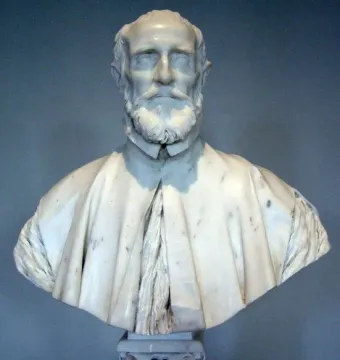 Francesco Barberini bust in white marble, shown on a fluted pedestal against a muted blue-gray background.