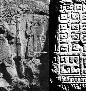 The Ivriz relief showing a bearded figure in a tall hat holding a staff and grapes beside a smaller figure, with a detailed inset of patterned carving.